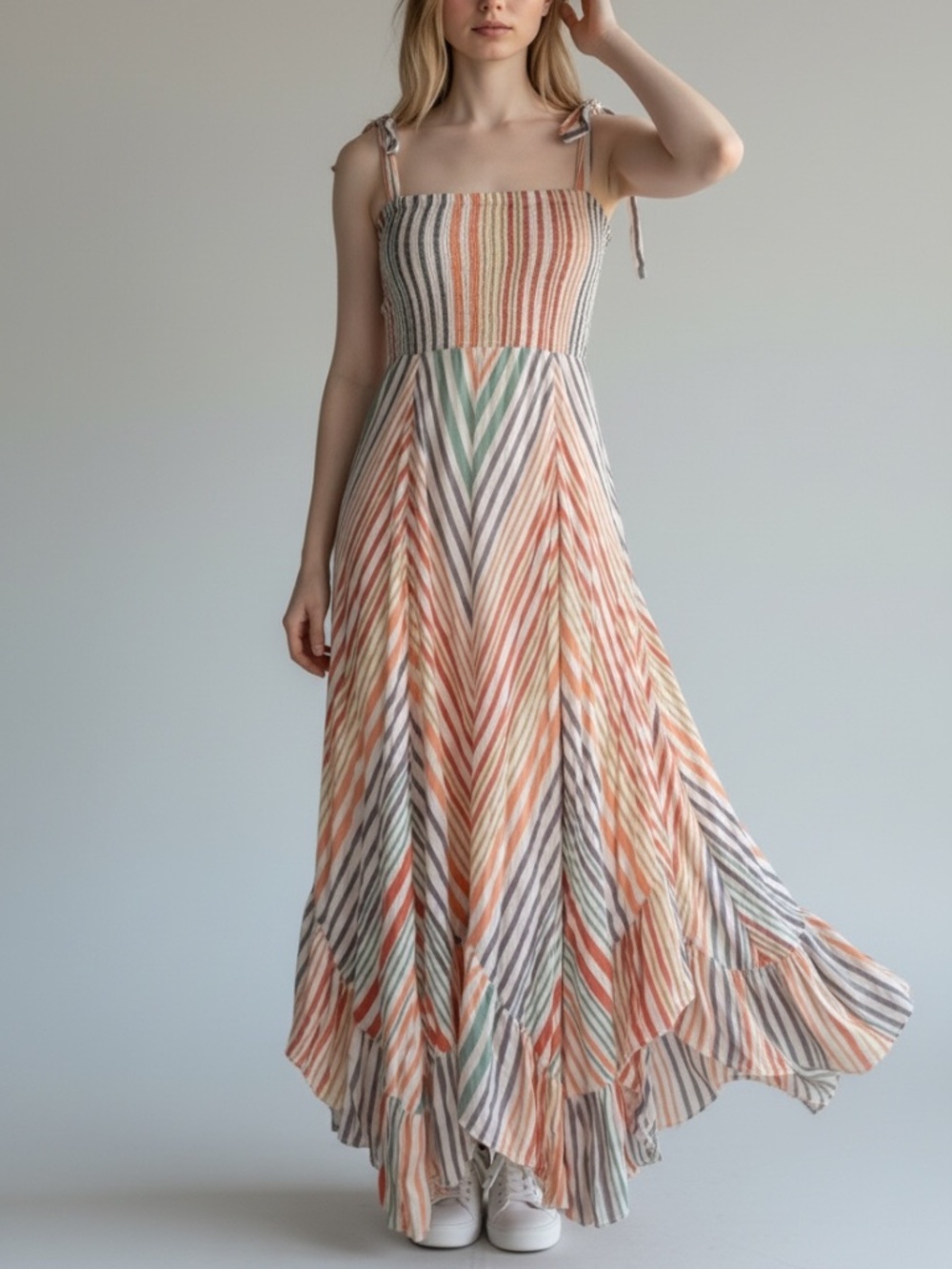 En Crème Striped Smocked Midi Dress Tie Shoulder Handkerchief Hem Multi Size M/L